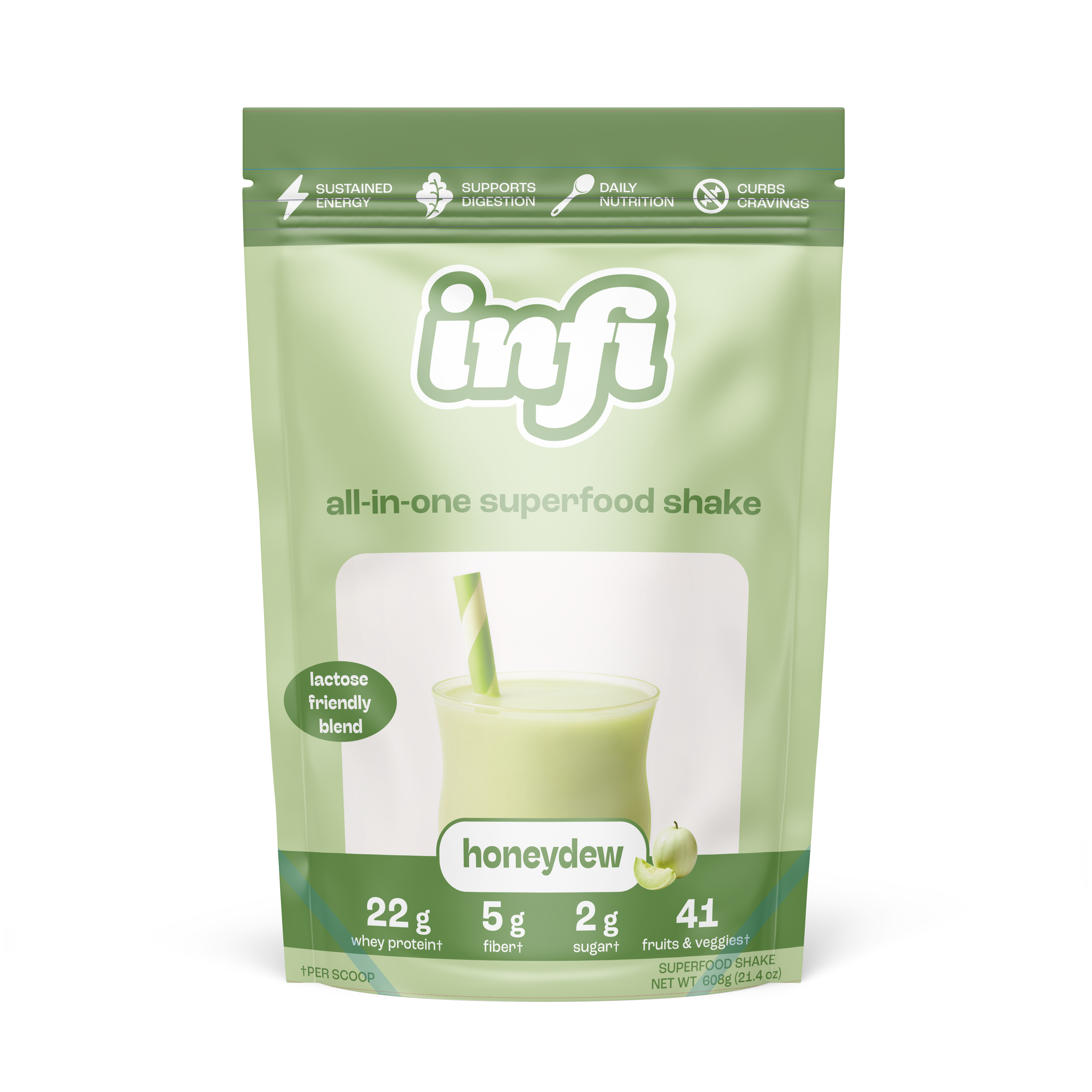 A blue protein shake package next to a filled glass.