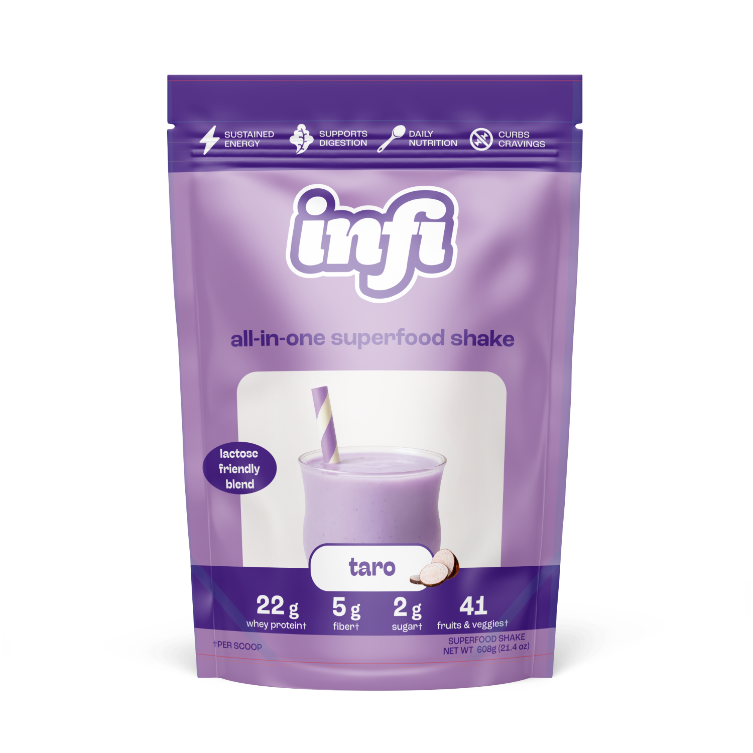 Taro-flavored Boba Nu whey protein powder packaging, highlighting 25g protein and 130 calories.