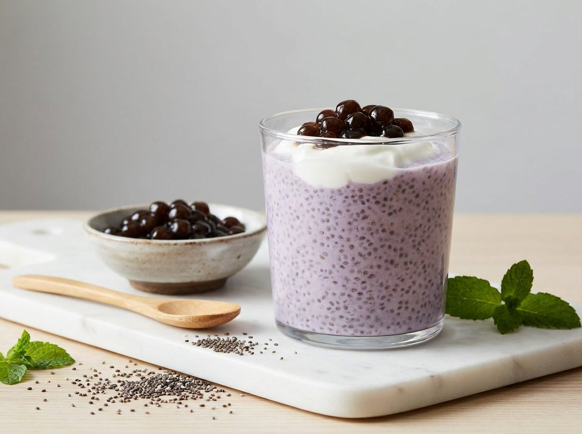 A glass of taro protein chia pudding topped with cream and boba pearls on a marble board