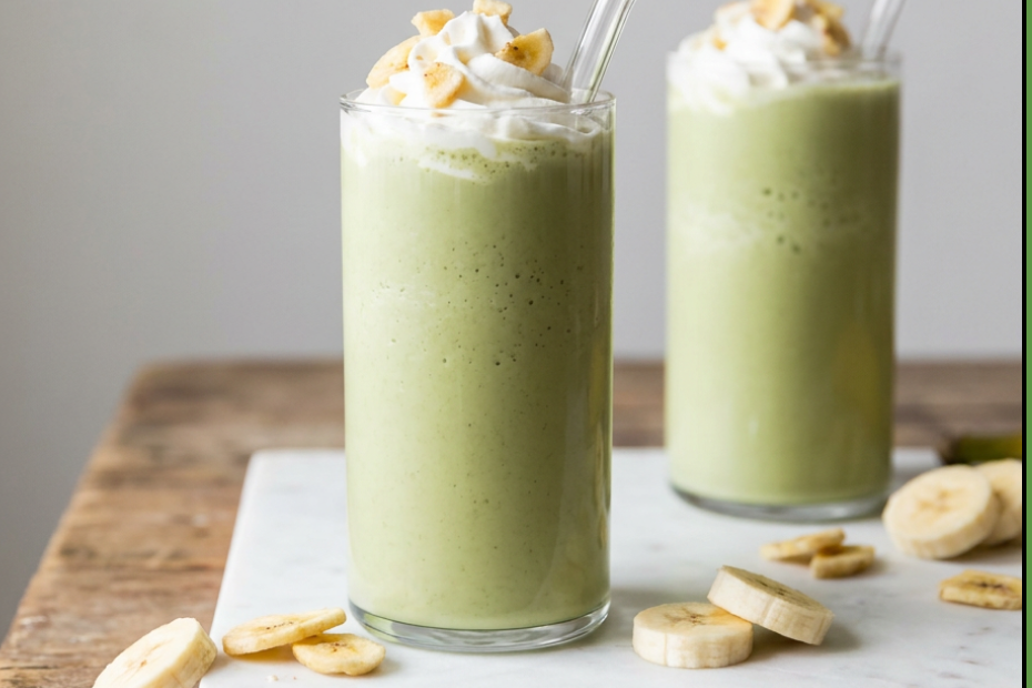 Two glasses of matcha banana protein shake topped with cream and banana slices