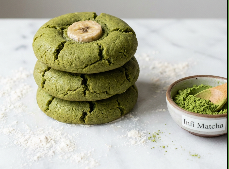 A stack of green matcha protein cookies with a banana slice on top and a bowl of matcha powder
