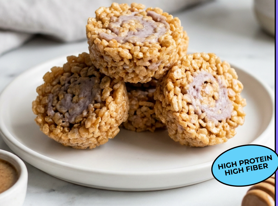 No-bake taro protein crispies stacked on a white plate