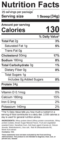 Nutrition facts label for a protein powder, indicating serving size, calories, and nutrient content.