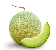 A whole cantaloupe and one slice against a white background.
