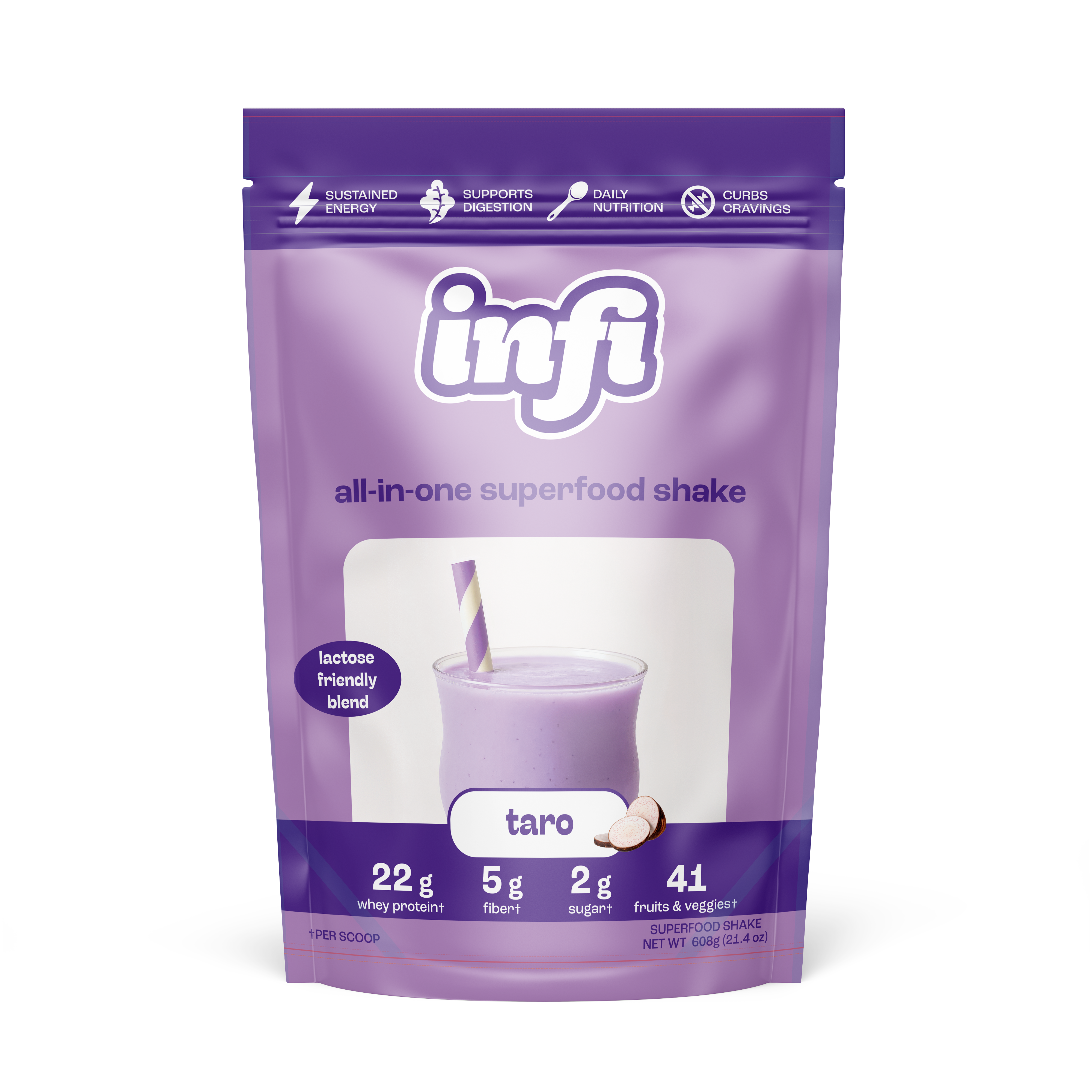 Taro-flavored Boba Nu whey protein powder packaging, highlighting 25g protein and 130 calories.