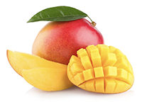A whole mango with sliced and cubed sections.