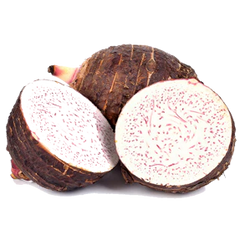 Cross-section of a taro root showing its white and purple speckled interior.